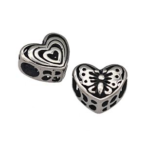 316 Stainless Steel Heart Beads Butterfly Hollow Large Hole Antique Silver, approx 12mm, 4mm hole