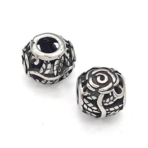 316 Stainless Steel Round Beads Flower Hollow Large Hole Antique silver, approx 9-10mm, 4mm hole