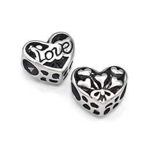 316 Stainless Steel Heart Beads LOVE Hollow Large Hole Antique Silver, approx 12mm, 4mm hole