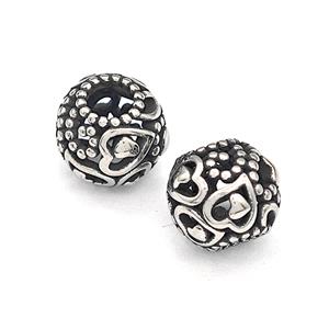 316 Stainless Steel Round Beads Heart Hollow Large Hole Antique Silver, approx 9-10mm, 4mm hole