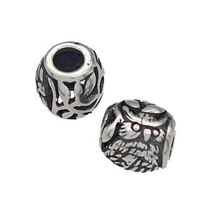316 Stainless Steel Barrel Beads Owl Charms Hollow Large Hole Antique silver, approx 9-10mm, 4mm hole