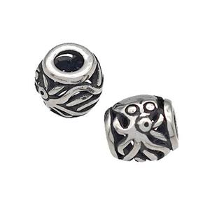 316 Stainless Steel Barrel Beads Octopus Charms Hollow Large Hole Antique silver, approx 9-10mm, 4mm hole