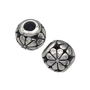 316 Stainless Steel Round Beads Flower Hollow Large Hole Antique silver, approx 9-10mm, 4mm hole