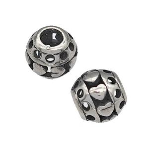 316 Stainless Steel Round Beads Heart Hollow Large Hole Antique Silver, approx 9-10mm, 4mm hole