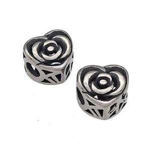 316 Stainless Steel Heart Beads Flower Hollow Large Hole Antique Silver, approx 9-10mm, 4mm hole