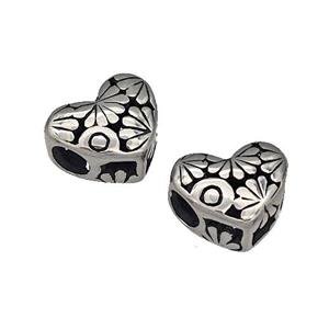 316 Stainless Steel Heart Beads Flower Hollow Large Hole Antique Silver, approx 9-10mm, 4mm hole
