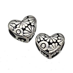 Stainless Steel Heart Beads Flower Hollow Large Hole Antique Silver, approx 12mm, 4mm hole