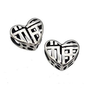 Stainless Steel Heart Beads Lucky Fu Hollow Large Hole Antique Silver, approx 12mm, 4mm hole