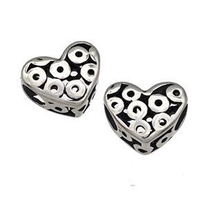 Stainless Steel Heart Beads Hollow Large Hole Antique Silver, approx 12mm, 4mm hole