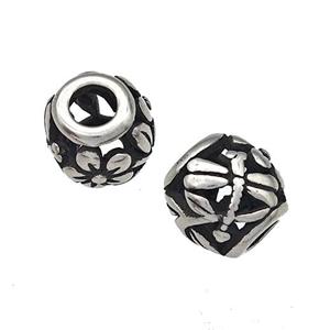 Stainless Steel Barrel Beads Dragonfly Hollow Large Hole Antique Silver, approx 9-10mm, 4mm hole