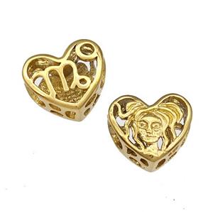 Stainless Steel Heart Beads Zodiac Virgo Large Hole Hollow Gold Plated, approx 12mm, 4mm hole