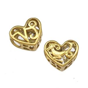 Stainless Steel Heart Beads Zodiac Capricorn Large Hole Hollow Gold Plated, approx 12mm, 4mm hole