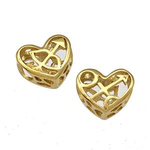 Stainless Steel Heart Beads Zodiac Sagittarius Large Hole Hollow Gold Plated, approx 12mm, 4mm hole