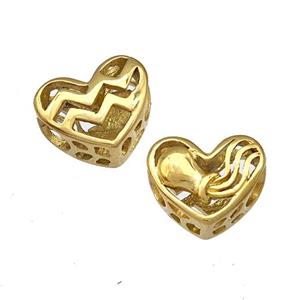 Stainless Steel Heart Beads Zodiac Aquarius Large Hole Hollow Gold Plated, approx 12mm, 4mm hole