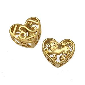 Stainless Steel Heart Beads Zodiac Leo Large Hole Hollow Gold Plated, approx 12mm, 4mm hole