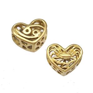 Stainless Steel Heart Beads Zodiac Cancer Large Hole Hollow Gold Plated, approx 12mm, 4mm hole