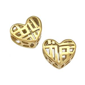 Stainless Steel Heart Beads Lucky Fu Hollow Large Hole Gold Plated, approx 12mm, 4mm hole