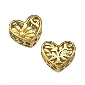 Stainless Steel Heart Beads Flower Hollow Large Hole Gold Plated, approx 12mm, 4mm hole