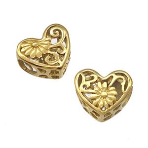 Stainless Steel Heart Beads Flower Daisy Hollow Large Hole Gold Plated, approx 12mm, 4mm hole
