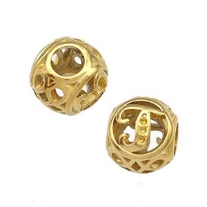Stainless Steel Round Beads Letter-J Hollow Large Hole Gold Plated, approx 9-10mm, 4mm hole