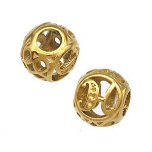 Stainless Steel Round Beads Letter-H Hollow Large Hole Gold Plated, approx 9-10mm, 4mm hole