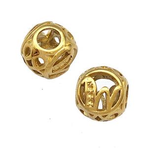Stainless Steel Round Beads Letter-W Hollow Large Hole Gold Plated, approx 9-10mm, 4mm hole