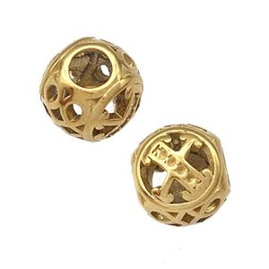 Stainless Steel Round Beads Letter-X Hollow Large Hole Gold Plated, approx 9-10mm, 4mm hole