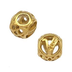 Stainless Steel Round Beads Letter-V Hollow Large Hole Gold Plated, approx 9-10mm, 4mm hole