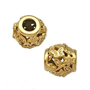 Stainless Steel Barrel Beads Butterfly Hollow Large Hole Gold Plated, approx 9-10mm, 4mm hole