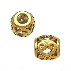 Stainless Steel Barrel Beads Heart Hollow Large Hole Gold Plated, approx 9-10mm, 4mm hole