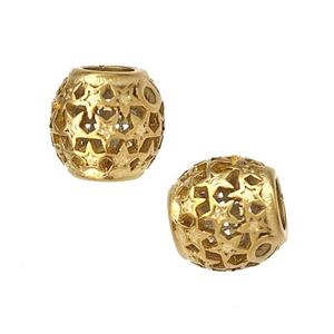 Stainless Steel Round Beads Star Hollow Large Hole Gold Plated, approx 9-10mm, 4mm hole