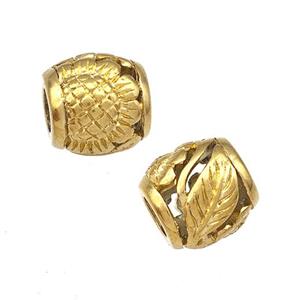 Stainless Steel Barrel Beads Sunflower Hollow Large Hole Gold Plated, approx 9-10mm, 4mm hole