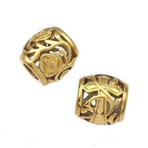 Stainless Steel Barrel Beads Flower Cross Hollow Large Hole Gold Plated, approx 9-10mm, 4mm hole