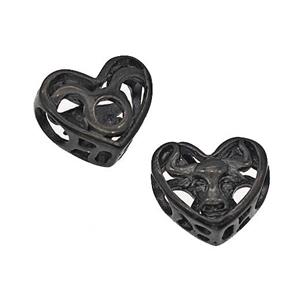 Stainless Steel Heart Beads Zodiac Taurus Large Hole Hollow Black Plated, approx 12mm, 4mm hole