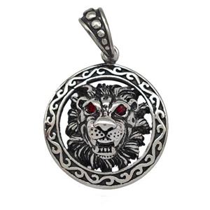 316 Stainless Steel Lion Pendant Pave Red Rhinestone Antique Silver, approx 25mm