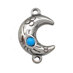 Raw Stainless Steel Moon Connector Pave Blue Synthetic Turquoise, approx 13.5-15mm