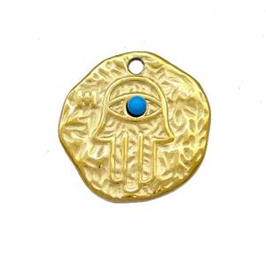 Stainless Steel Hand Pendant Pave Blue Synthetic Turquoise Circle Gold Plated, approx 18mm