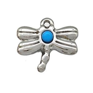 Raw Stainless Steel Dragonfly Pendant Pave Blue Synthetic Turquoise, approx 14-17mm