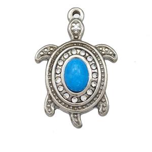 Raw Stainless Steel Tortoise Pendant Pave Blue Synthetic Turquoise Rhinestone, approx 20-27mm