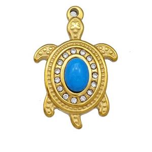 Stainless Steel Tortoise Pendant Pave Blue Synthetic Turquoise Rhinestone Gold Plated, approx 20-27mm