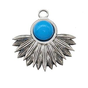 Raw Stainless Steel Pendant Pave Blue Synthetic Turquoise, approx 22-25mm
