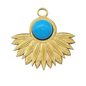 Stainless Steel Pendant Pave Blue Synthetic Turquoise Gold Plated, approx 22-25mm