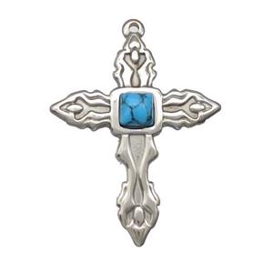 Raw Stainless Steel Cross Pendant Pave Blue Synthetic Turquoise, approx 33-40mm