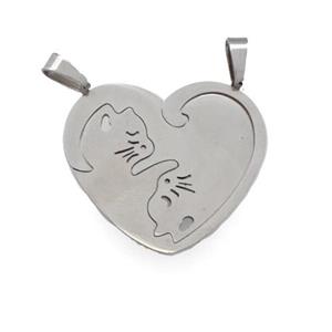 Raw Stainless Steel Couple Heart Pendant Cat 2loops, approx 30mm
