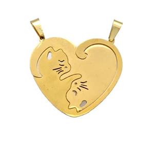 Stainless Steel Couple Heart Pendant Cat 2loops Gold Plated, approx 30mm