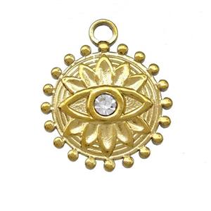 Stainless Steel Eye Pendant Pave Rhinestone Circle Flower Gold Plated, approx 18mm
