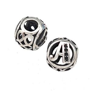 Stainless Steel Round Beads Letter-A Hollow Large Hole Antique Silver, approx 9-10mm, 4mm hole