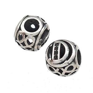 Stainless Steel Round Beads Letter-D Hollow Large Hole Antique Silver, approx 9-10mm, 4mm hole