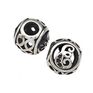 Stainless Steel Round Beads Letter-E Hollow Large Hole Antique Silver, approx 9-10mm, 4mm hole