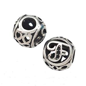 Stainless Steel Round Beads Letter-F Hollow Large Hole Antique Silver, approx 9-10mm, 4mm hole